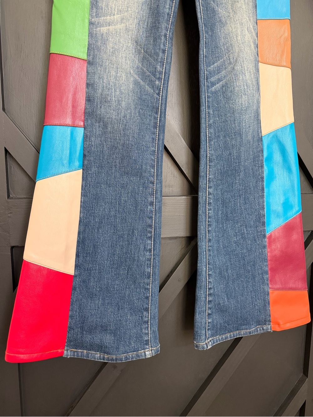 Alice + Olivia High Waisted Flare Jeans with Vegan Leather Patchwork, Size 26 - Picture 8 of 14